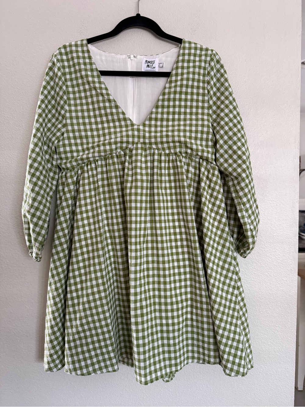 Princess Polly Olive Green Gingham V-Neck Babydoll Dress